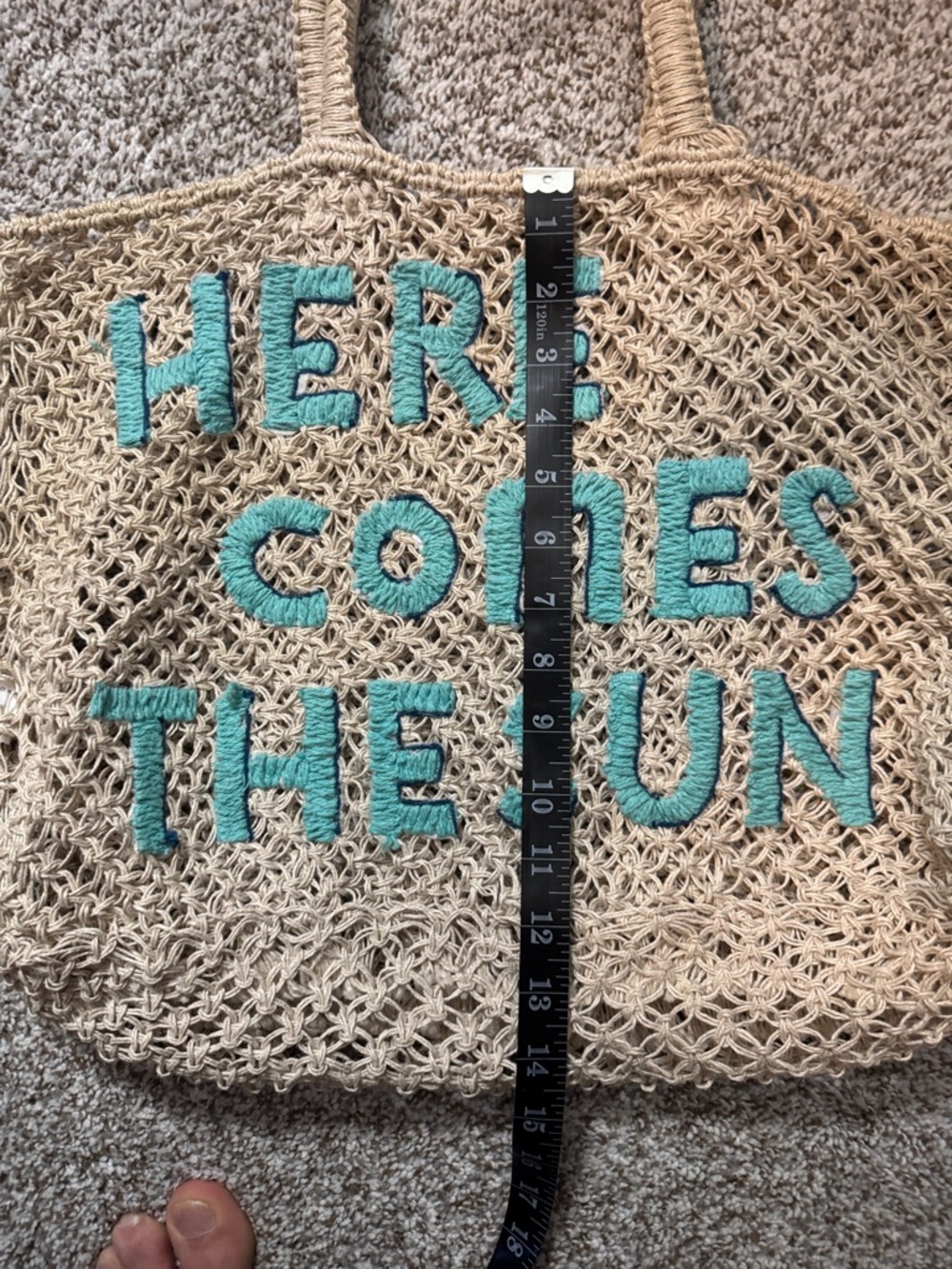Here Comes The Sun Straw Tote - Turquoise Lettering - Picture 4 of 5